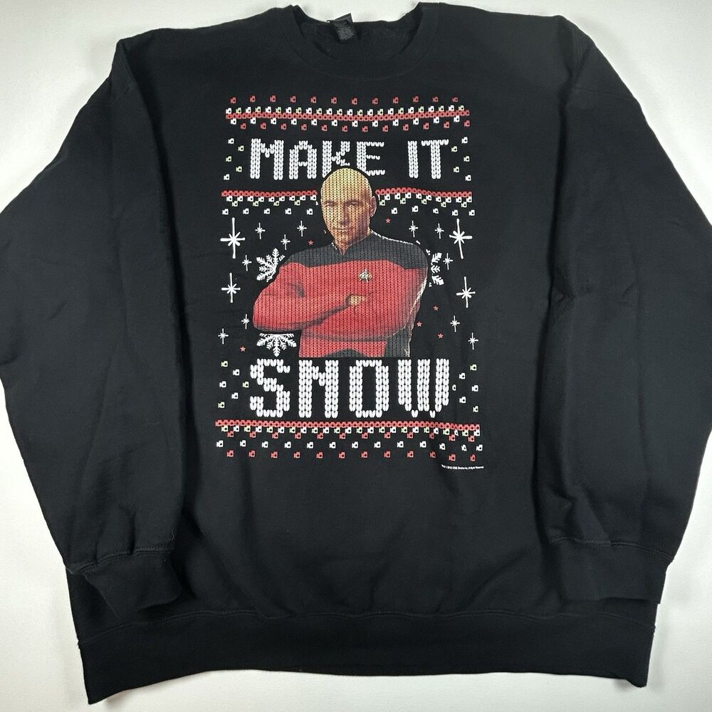 STAR TREK Jean-Luc Picard Make It Snow Pullover Christmas Sweatshirt Unisex 2XL